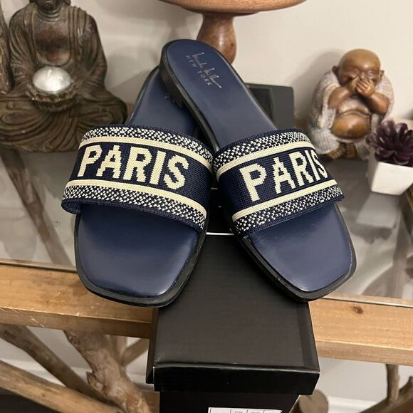 NIB women’s Nicole Miller Navy Blue City Paris Sandal slides.  Size 9 - Picture 1 of 10